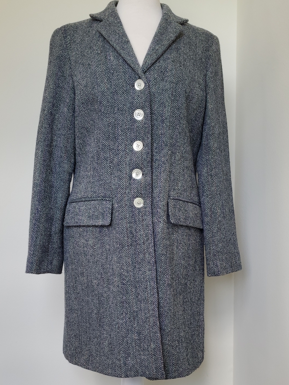 EUC Vintage Harris Tweed 100% Wool Car Coat In Blue/Gray Sz 10 US/ 14 UK